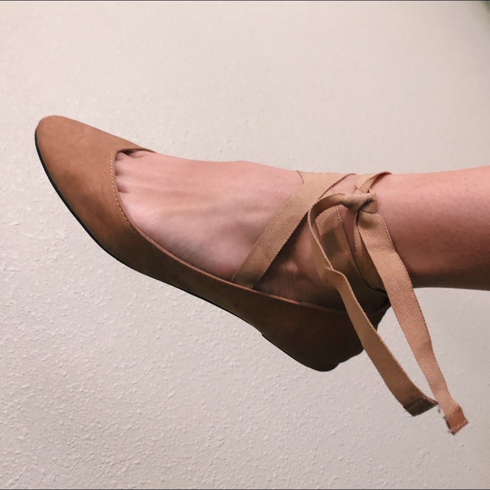 Tan ankle-tie flats